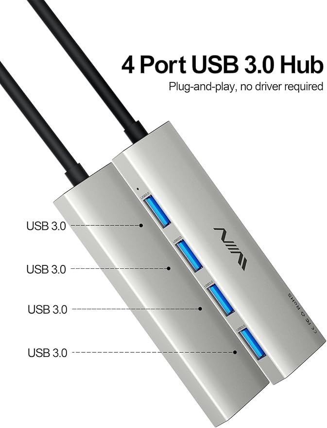 USB 3.0 Hub,4 Port USB Splitter Extender Portable Adapter Multiport Data Hub for Laptop,Xbox,Flash Drive,HDD,Console,Camera,Keyborad,Mouse Windows,Mac OS PC,Not Designed to Charge Devices-Silver
