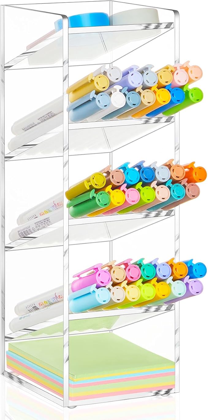 Acrylic Pen Organizer Storage for 50 Markers Vertical Marker Organizer Acrylic Pen Display Holder for Office Desk Desktop Stationery Pencil Storage, Clear, 3.4 x 4 x 10.2 Inch