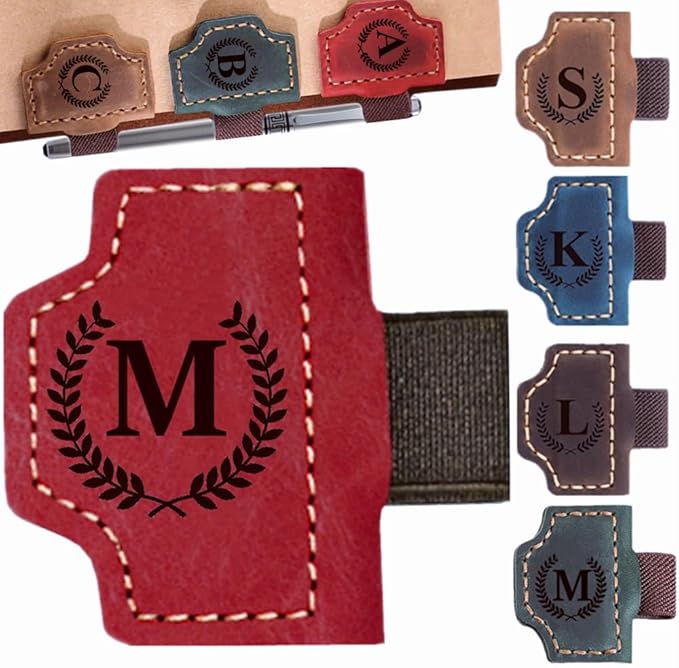 Custom Bookmark with Pen Holder with 26 Letters Personalized Magnetic Leather Book Mark, Customized Name Book Marker Clip with Initial for Men Women, Gifts for Book Lovers, Readers, (Red, M)