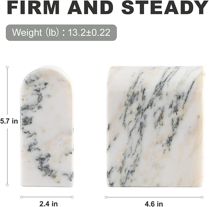 Koville Natural Marble Bookends for Shelves, 13LBS Ultra Heavy Duty Marble Book Holders Organizer, Non-Slip Book Ends, Apartment Decor for Movies/CDs/Video Games