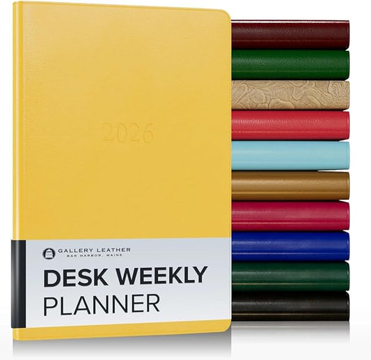 Gallery Leather Desk Weekly Monthly Planner 2025-2026, Elegantly Bound Calendar Planner and Notebook with Stylish Gold-Gilded Page Edges, 12 Months - Caribbean Yellow - 8 x 5.5 "