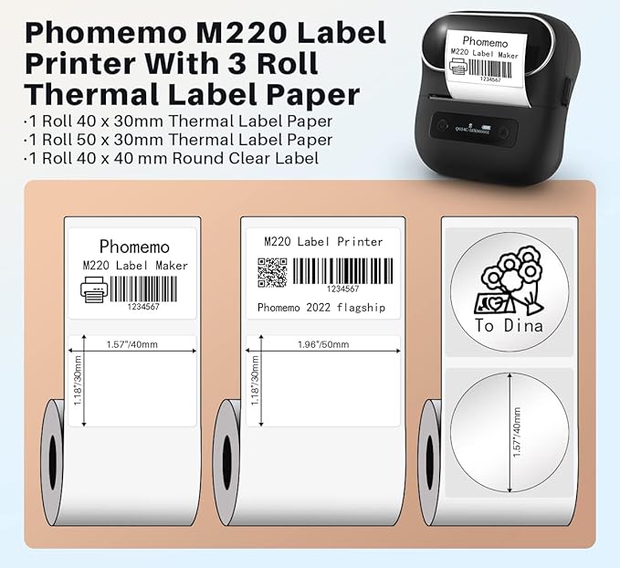 Phomemo M220 Label Maker, Bluetooth Printer, 3.14 Inch Portable Thermal Label Maker Machine for Barcode, Labeling, Organizing, Small Business, Compatible with iOS & Android, with 3 Label