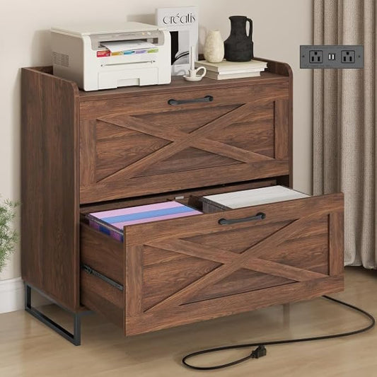 File Cabinet 2 Drawers Lateral File Cabinet with Charging Station for Letter/Legal/A4 Size Hanging Files, Large Wood File Storage Cabinets Printer Stand for Home Office, Dark Walnut