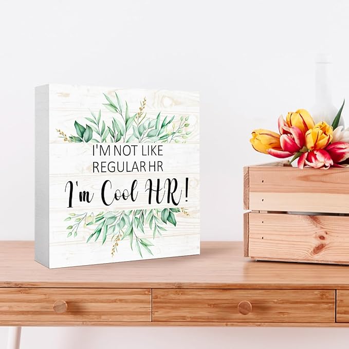 I'm Cool Hr Sign Wood Box,Funny Office Quote Wooden Block Sign for Home Office Tabletop Shelf Decor 5" x 5",Fun Desk Decor Accessories for Hr