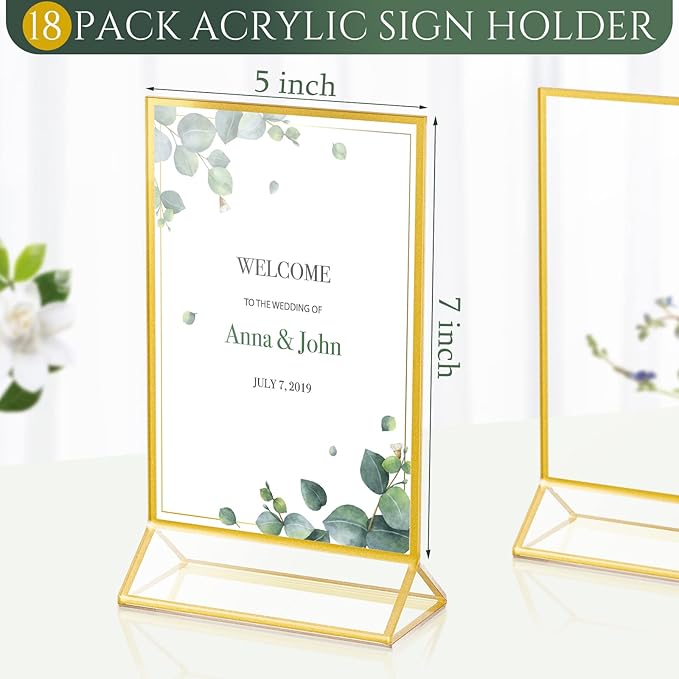 24 Pack Gold Picture Frames 5 x 7 Inch Clear Acrylic Sign Holders Double Sided Display Frames Bulk with Stand 2 mm Gold Border for Table Numbers Wedding Party (Vertical)