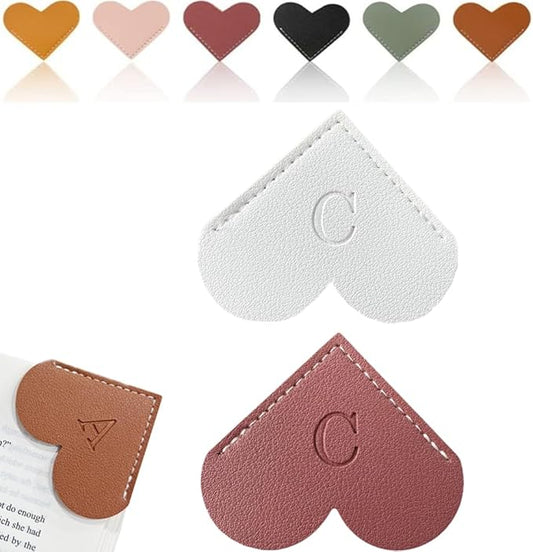 Personalized Leather Heart Bookmark, 26 Letters Customized Corner Book Mark for Reading Women, Book Marker with Initials，Cute Gifts (White+Deep Pink, C)