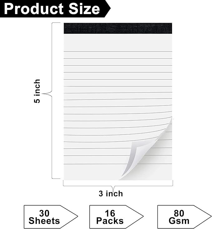 16 Pack Note Pads 3 x 5 Inch small notepads for Business Office Legal Pads, White Small Notepads Writing Pad Mini Notepad with 30 Sheets Lined Paper in Each Note pad