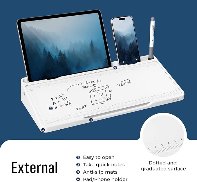 LOUKIN Glass Desktop Whiteboard, 15.3" x 5.6" Dry Erase Desk Board with Dotted and Graduated Surface, Desktop Buddy, Great for Design and Drawing, 3 Markers and 1 Dry Erase Eraser Included (White)