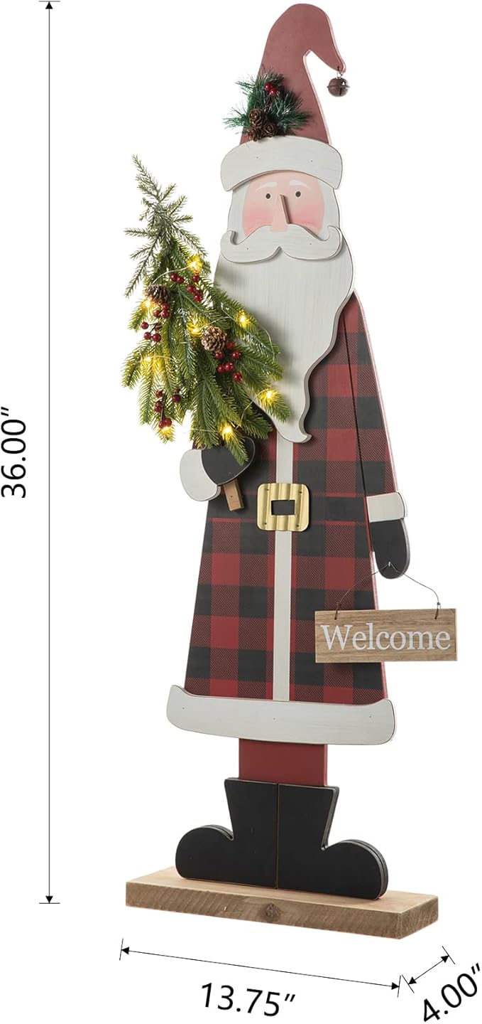 Glitzhome 36" H Lighted Wooden Christmas Santa Porch Sign Standing Porch Decor Rustic Merry Christmas Welcome Sign Holiday Party Outdoor Indoor Xmas Decorations