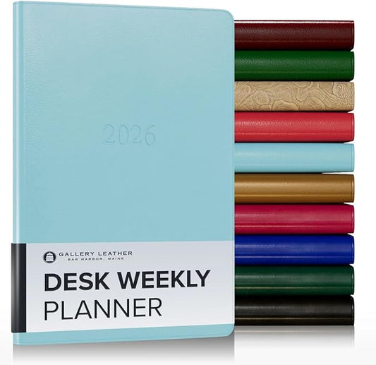 Gallery Leather Desk Weekly Monthly Planner 2025-2026, Elegantly Bound Calendar Planner and Notebook with Stylish Gold-Gilded Page Edges, 12 Months - Caribbean Aqua - 8 x 5.5 "