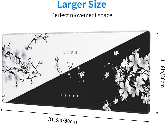 Japanese Life Death Keyboard Mat, Black White Japanese Anime Gaming Mouse Pad for Desk with Anti-Slip Rubber Base and Stitched Edges, Japanese Sakura Pagoda Sun Mouse Pad