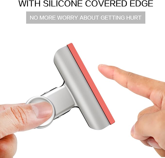 HOUSE AGAIN 12 Pack Stainless Steel Chip Bag Clips Covered with Silicone NO More Sharp Edges, Bulldog Clips for Food Bags Air Tight Seal, Heavy Duty Binder Paper Clips for Kitchen and Office, 3 Inches