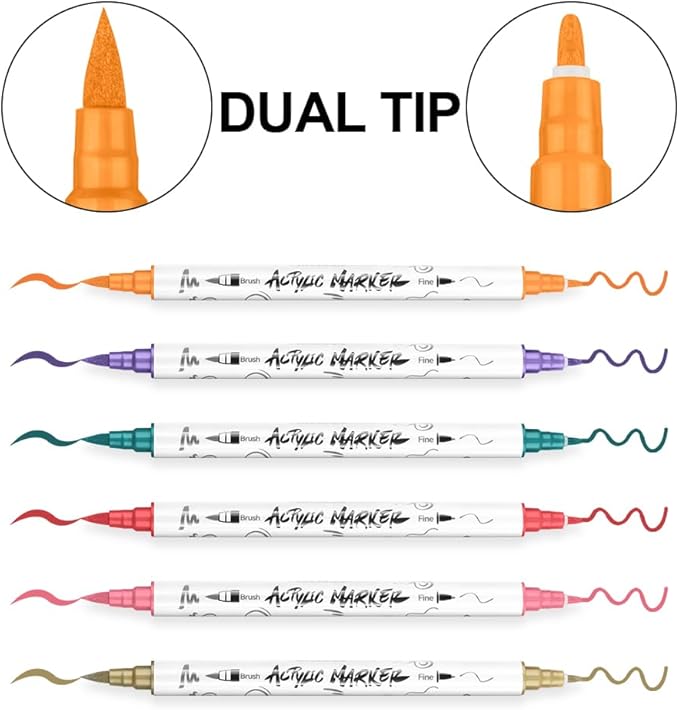 TRANSON 12 Colors Fine and Brush Dual-tip Acrylic Paint Marker Pen Set for Canvas Rock Wood Leather Ceramic DIY Painting