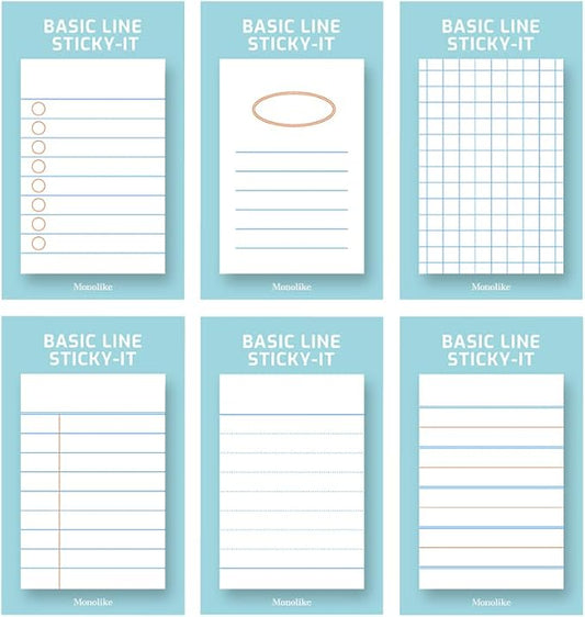 Monolike Basic Line Blue Sticky-it - 6p Set Self-Adhesive Memo Pad 50 Sheets