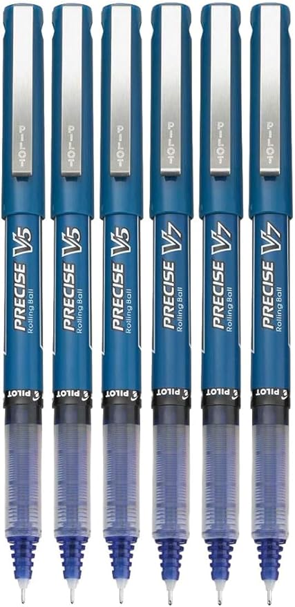 Precise V5/V7 Stick Rolling Ball Pens, Fine and Extra Fine Point, Assorted Points Blue Ink, 6-pk; Bundle with Plastic Reusable Pouch