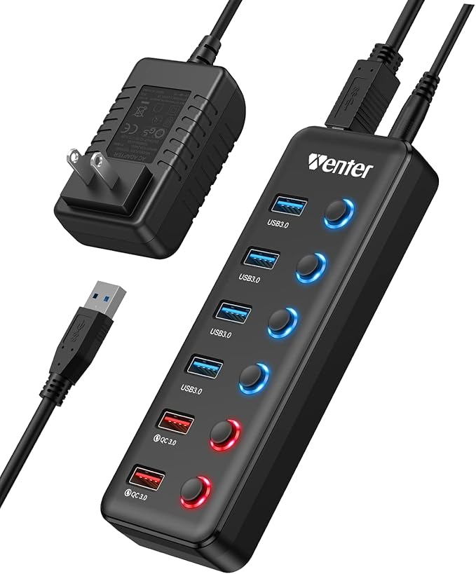 Powered USB Hub, Wenter 6-Port USB 3.0 Hub Splitter (4 USB 3.0 Data Ports + 2 QC 3.0 Fast Charging Ports) with Individual LED On/Off Switches, USB Hub 3.0 Powered with 36W AC Adapter for Mac, PC