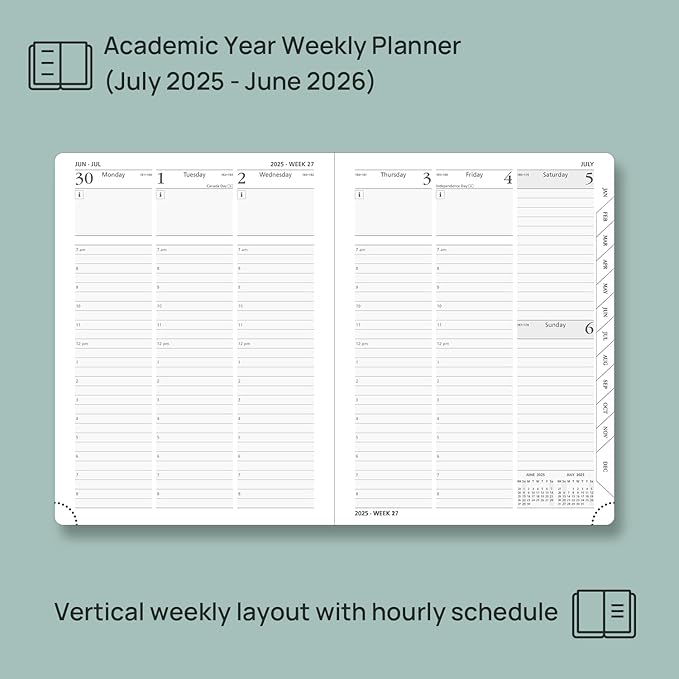 POPRUN Planner 2025-2026, (Medium 6.5'' x 8.5'' Hard Cover) Academic Calendar (July 25-June 26) Daily Weekly and Monthly Appointment Book with Hourly Time Slots, Monthly Tabs, 100 GSM - Pacific Green