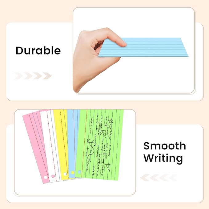 250-Pack Colored Index Cards 3x5 Inch w/Key Ring – 180gsm Heavyweight Flashcards – 5 Vibrant Colors Flash Cards (White Pink Blue Yellow Green) – Perfect for Study & Notes, Students School Supplies