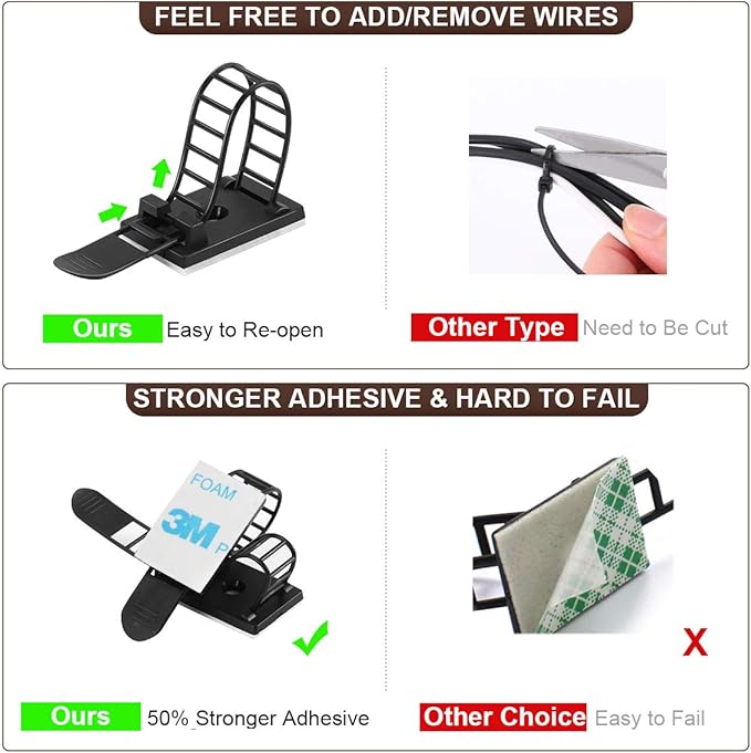 Adhesive Cable Management Clips, 100Pcs Adjustable Nylon Cable Strap Ties Wire Clips Clamps Organizer with Strong Adhesive Tape, Extra Screw & Hole for Strong Fixation Home Office - 3.35 Inch Black