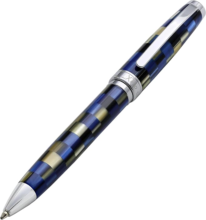 Xezo Urbanite Ballpoint Pen, Medium Point. Retro Blue, Black, and Cream Checkered Acrylic on Brass and Aluminium. Chrome Plated. Limited Edition and Serialized. No Two Alike