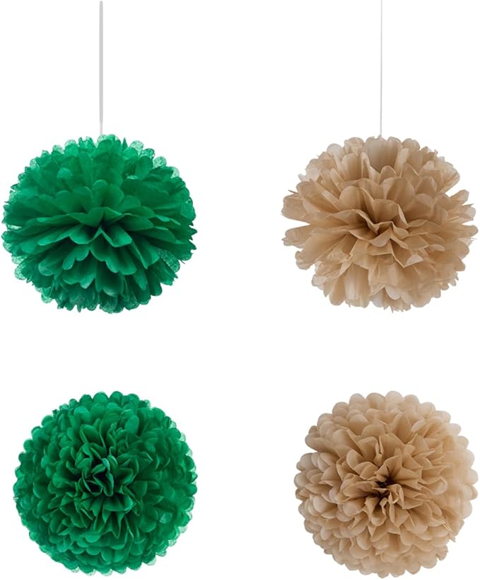10 Pack 14" Green Brown Tissue Paper Pom Poms, Rustic DIY Hanging Flower Balls for Wedding Baby Shower Birthday Party Home Seasonal Decorations