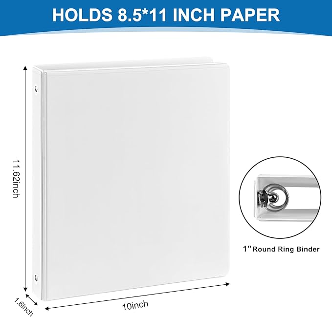 1-inch 3-Ring Binder, 1 Inch Round Ring Binder with 2 Inside Pockets, 8 Pack White Binders, Clear View Cover, Holds 8.5'' x 11''Paper for Office/Home/Back to School