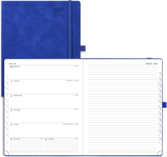 POPRUN Planner 2025-2026 Weekly Notebook (Large 8.5''x 10.5'') Academic Calendar (JUL.25 - JUN.26) Appointment Book with Monthly Tabs, Leather Soft Cover, Inner Pocket, 100 GSM - Royal Blue
