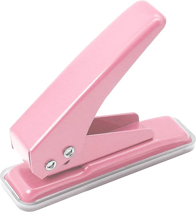 Single Hole Puncher Handheld 1/4 Inches Hole Punch, 20 Sheet Paper Punch Capacity Metal Hole Puncher with Skid-Resistant Base for Paper, Chipboard, Art Project, Pink