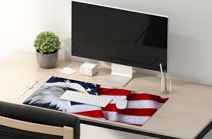 SSOIU Gaming Mouse Pad, Extended Mouse Pad, 35.5x15.7inch XXL Large Big Computer Keyboard Mouse Mat Desk Pad with Non-Slip Base and Stitched Edge for Home Office Gaming Work, Eagle on American Flag