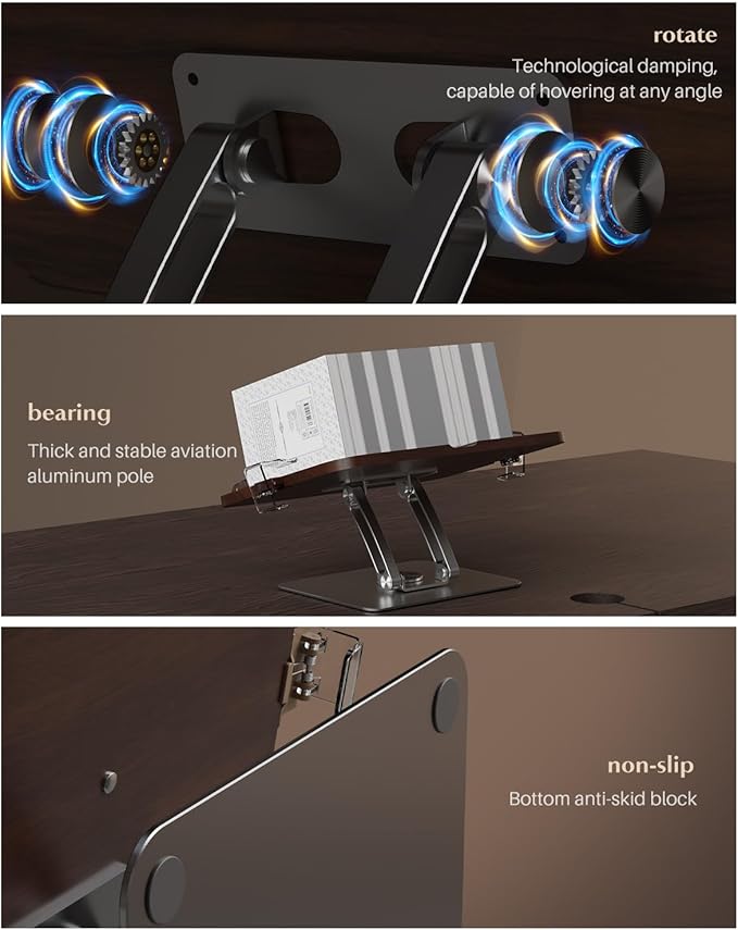 Adjustable Book Stand with 360 Swivel Base, Foldable Cookbook Stand for Recipe Books, Laptops, Textbooks
