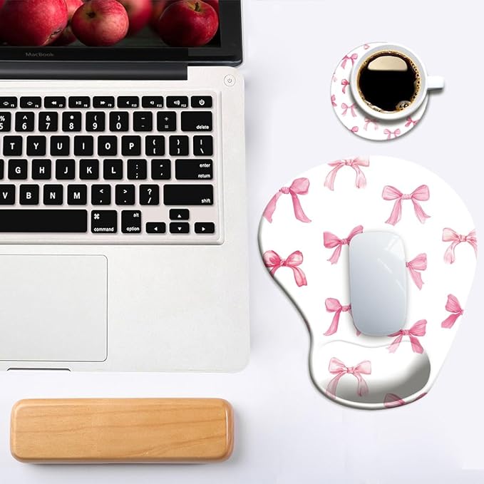 Ergonomic Mouse Pad with Wrist Support,Mouse Pad with Wrist Rest and Coaster Set,Office Supplies Non-Slip Mouse Pads for Desk, Non-Slip Comfortable,Pink Bow
