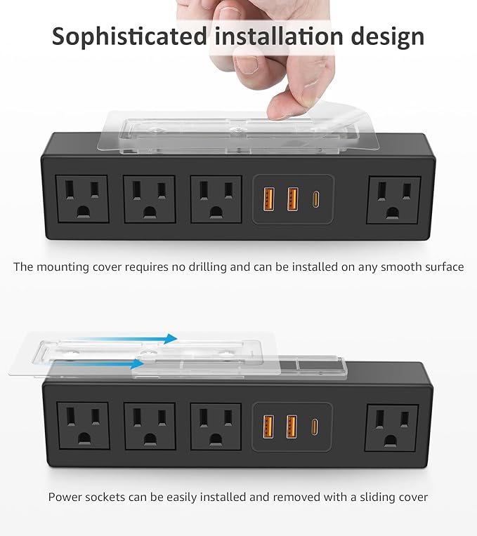 HHSOET Under Desk Power Strip with 3M Adhesive, Removable Under Desktop Mount Plug with 30W Fast Charging USB C and USB A Ports, 4 Outlet Under Table Surge Protector 1200J, 6FT Extension Cord. (Black)