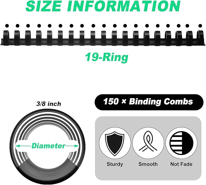 Yunsailing 150 Pack Plastic Binding Combs Plastic Binder Comb Ring 19 Ring Binding Spines Letter Size Spiral coils for Notebook Calendar(3/8 in,Black)