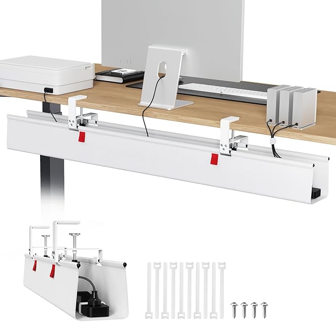 Univivi No Drill Under Desk Cable Management Tray, 48" Cord Organizer for Table, Clamp/Screw Mount Desk Cable Management, Premium Fabric Cable Management Tray for Office, Home (Extra Large)