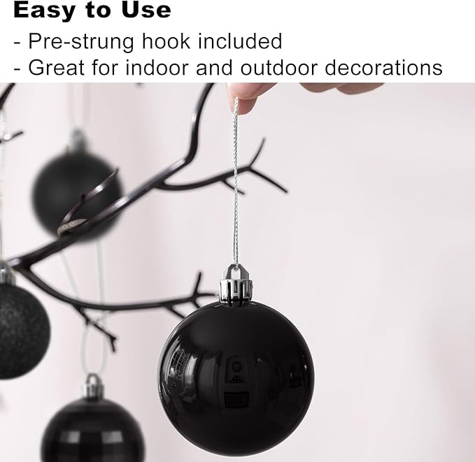 Black Christmas Ornaments - Christmas Tree Decorations Shatterproof Hanging Balls for Birthday Wedding Holiday Decor Set of 36pcs, Multi-Sizes(1.6",2.5",3.2")