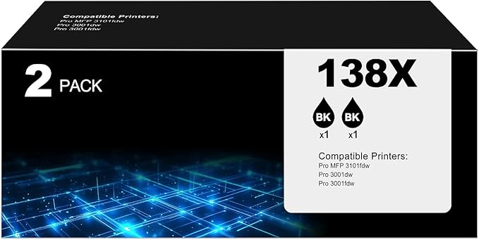 138X Black Toner Cartridge Pro MFP 3101fdw Black Toner Compatible for HP 138X Black Toner Cartridge for HP138X W1380X for Pro 3001dw 3101sdw Toner 2 Pack (with Chip)