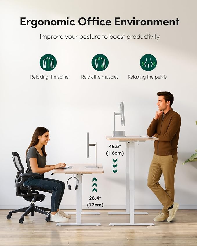 FEZIBO One-Piece Standing Desk Adjustable Height Stand up Home Office Desk, 48x24 Inch Electric Standing Computer Desk, with 4 Memory Presets, Fixable casters, Maple