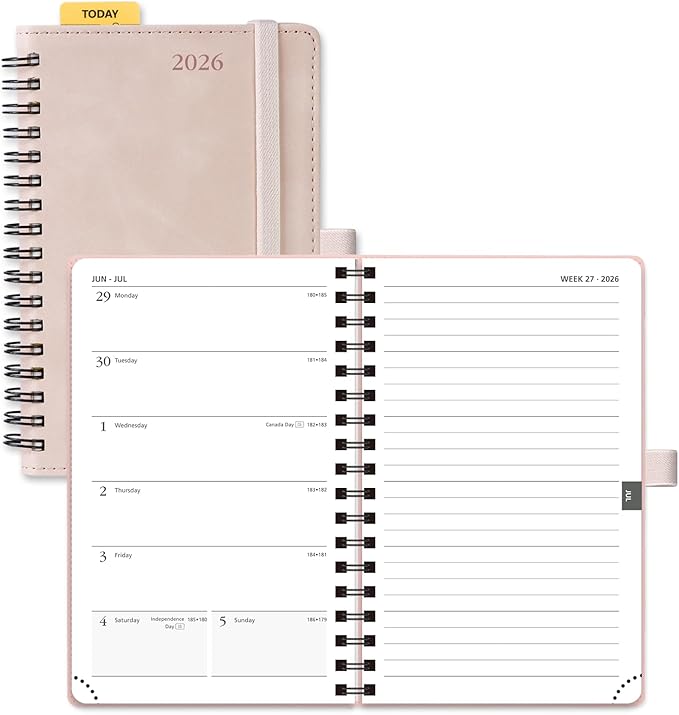 POPRUN 2026 Planner Weekly Notebook (Jan-Dec), Small Size 4''x 6.25'' - 2026 Pocket Calendar for Purse with Spiral Soft Cover, Plastic Ruler, Inner Pocket, 100 GSM - Soft Pink