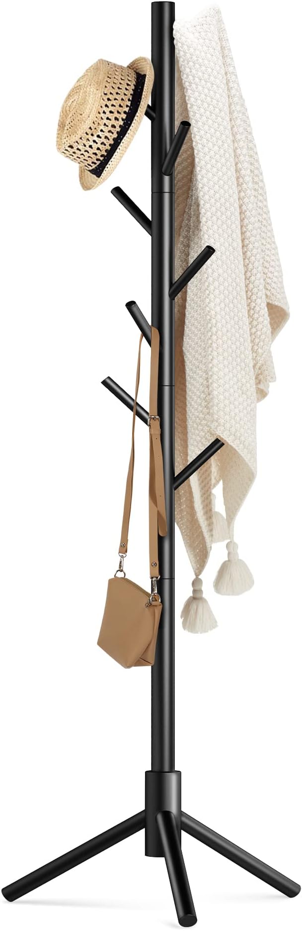 Haddockway Wooden Coat Rack Stand with 8 Hooks New Zealand Pine 3 Adjustable Coat Standing Tree Easy Assembly for Coats, Hats, Scarves and Handbags for Entryway, Hallway, Bedroom, Office
