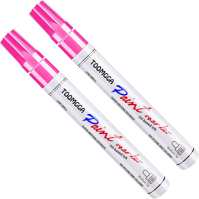 Pink Permanent Paint Pens - 2 Pack Oil Based Paint Markers for Rock Painting Car Tyre Metal, Plastic, Canvas, Mugs, Wood, Glass, Quick Drying and Waterproof, Medium Point