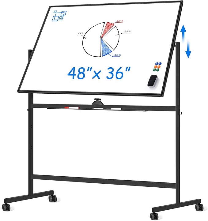Large Rolling White Board, 48x36 in Double-Sided Mobile Whiteboard, maxtek Reversible Magnetic Dry Erase Board Easel Standing Whiteboard on Wheels School Supplies for Classroom Office and Home, Black