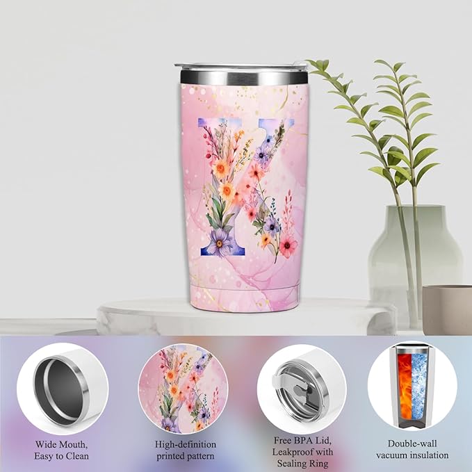 Personalized Gifts Monogrammed Birthday Gifts for Women, Soul Sister Bachelorette Party Wedding Christmas Initial 20 oz Tumbler, Makeup Bag Cup Pens Journal Notebook 6 Set, (Aesthetic Pink Flower K)