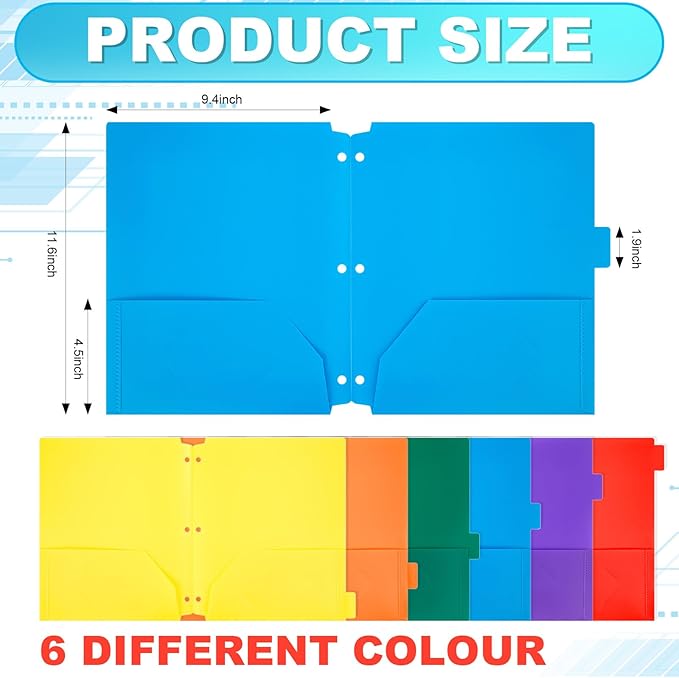 Honoson 12 Pcs Plastic Folders with Clear Front Pocket 3 Hole Punched Folders for 3 Ring Binder 1/6 Cut Tabs for Office Classroom (Bright Colors)