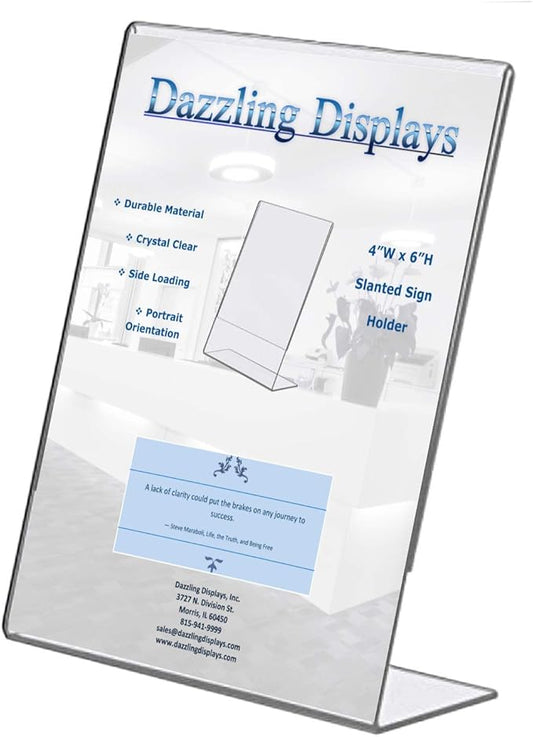 Dazzling Displays Clear Acrylic Sign Holder 4 x 6 - Clear Slanted Sign Holder - Premium Acrylic Sign Holder for Office, Retail, Tradeshow and Home Use (3-Pack)
