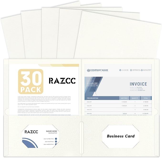 Two Pocket Folders, RAZCC 30 Pack File Folders with Pockets Fit Letter Size Paper, Thick Paper File Folder for School Office Business Home (White)