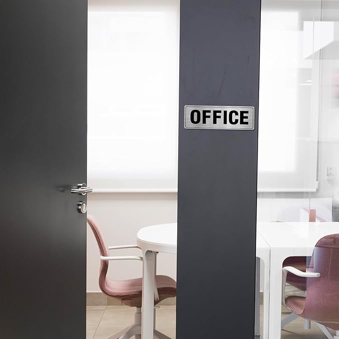 Office Sign Aluminum Silver 9 x 3 Inches Self-Adhesive Waterproof Metal Door Wall Sign for Business Offices 4 Pack
