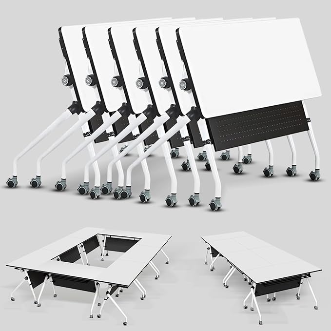 Conference Table, Folding Conference Room Tables, Mobile Training Tables with Silent Wheels, Large Rectangular Modular Seminar Table Office Computer Desks for Classroom White (6Pack L55.1in)