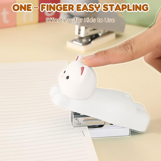 Honagu Mini Cute Animal Stapler with Staples, Cartoon Stereoscopic Silicone (PVC) Stapler, Labor-Saving Office Supplies for Teachers, Students,Girls,Gift Stocking Stuffers for Kids(White Puppy)