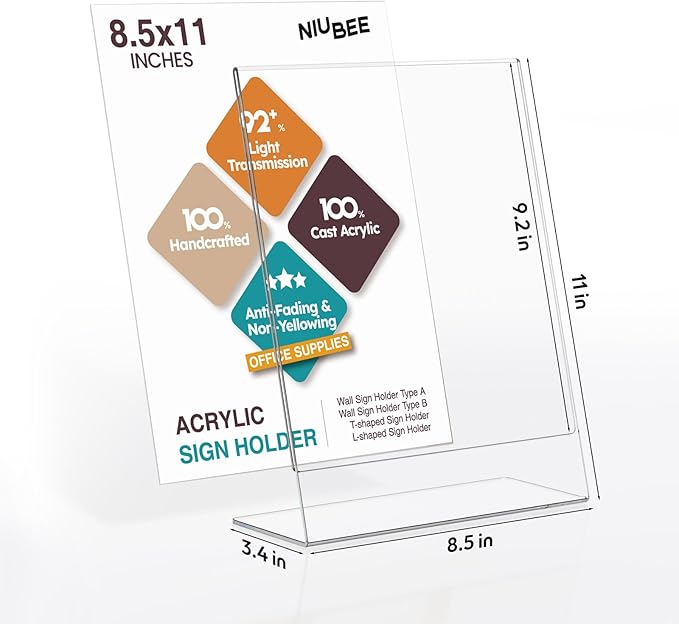 NIUBEE 12Pack Slanted Back Acrylic Sign Holder 8.5x11, Clear Vertical Picture Frames Frames, Desktop Flyer Holder Document Holder Paper Display Stand