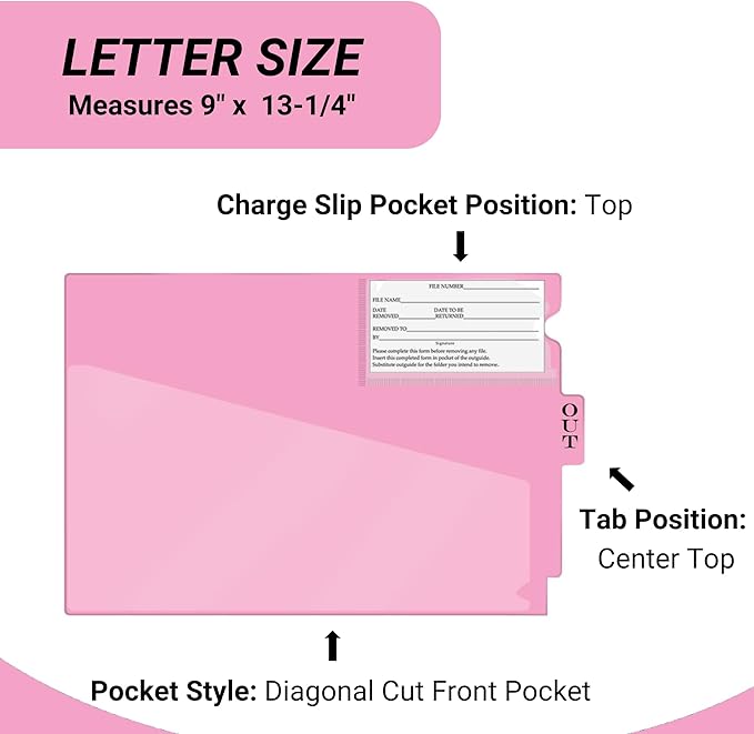 Doctor Stuff - Center Tab Vinyl Out Guides, Diagonal Cut Front Pocket, Top Charge Out Slip Pocket, Plastic File Folder, Letter Size 9" x 13-1/4", Pink, 100/Box